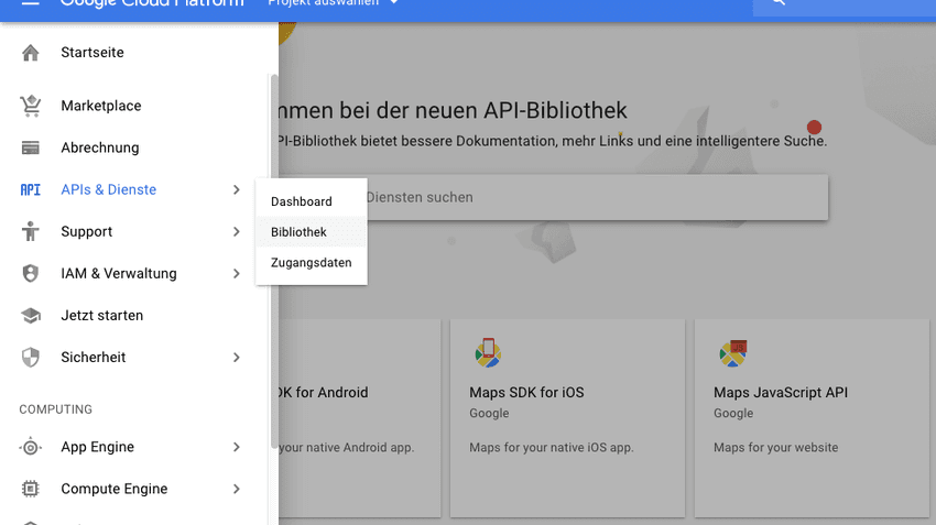 Screenshot des Google Cloud Plattform Menüs