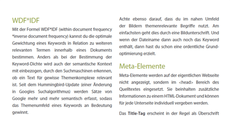 Ausschnitt Texte für Suchmaschinen