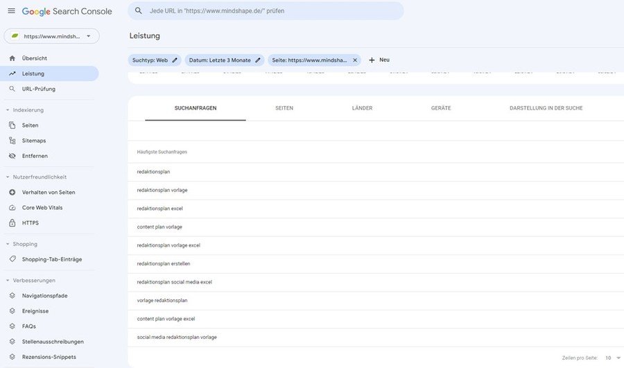 Google Search Console Suchanfragen für mindshape.de