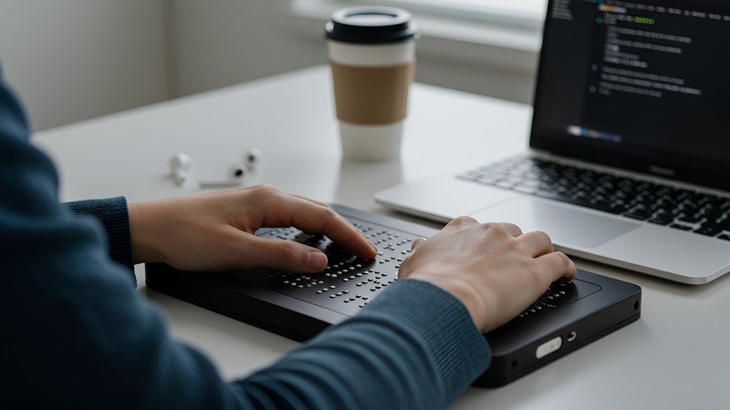 Person verwendet Braille-Tastatur vor einem Laptop