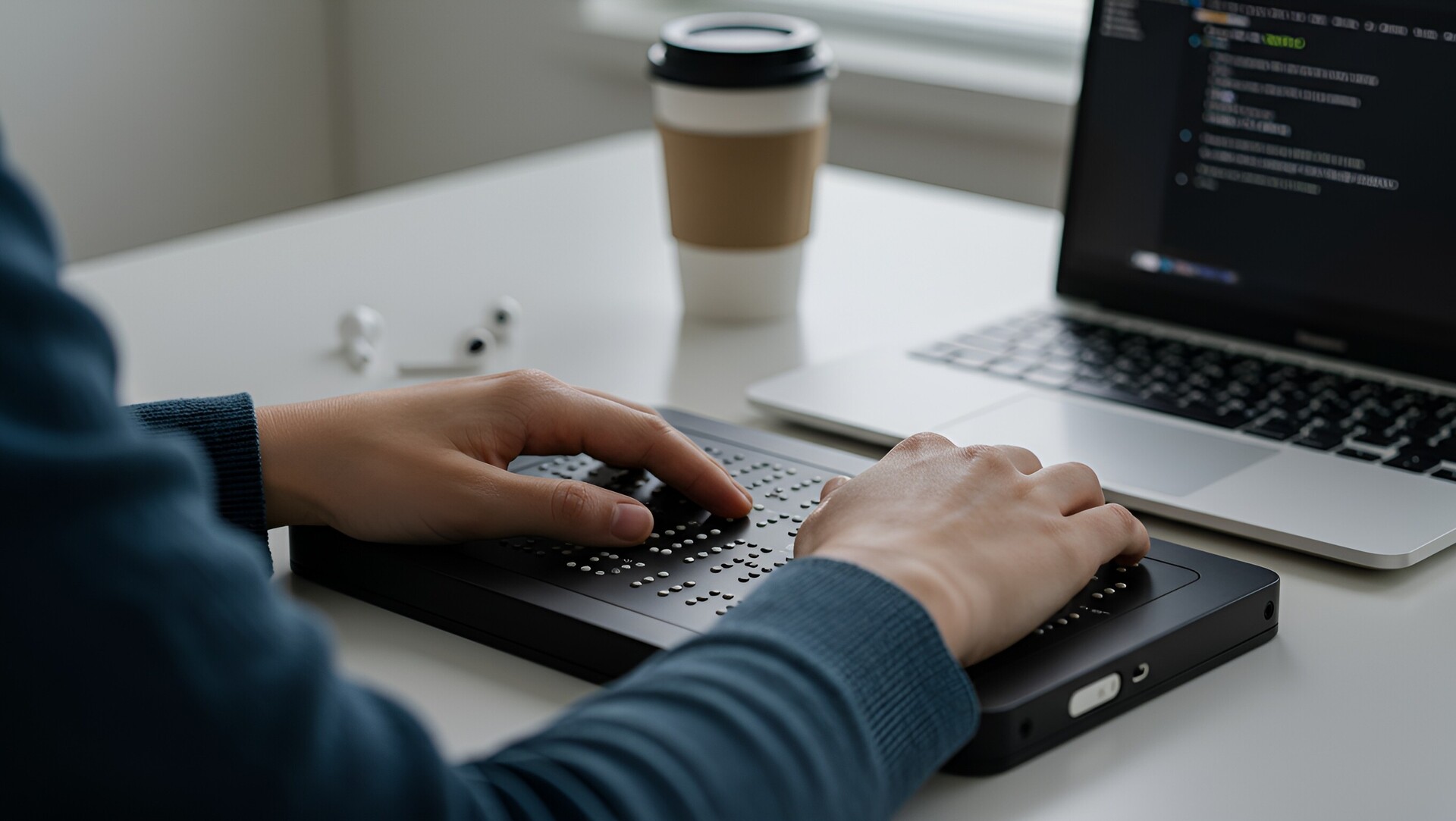 Person verwendet Braille-Tastatur vor einem Laptop