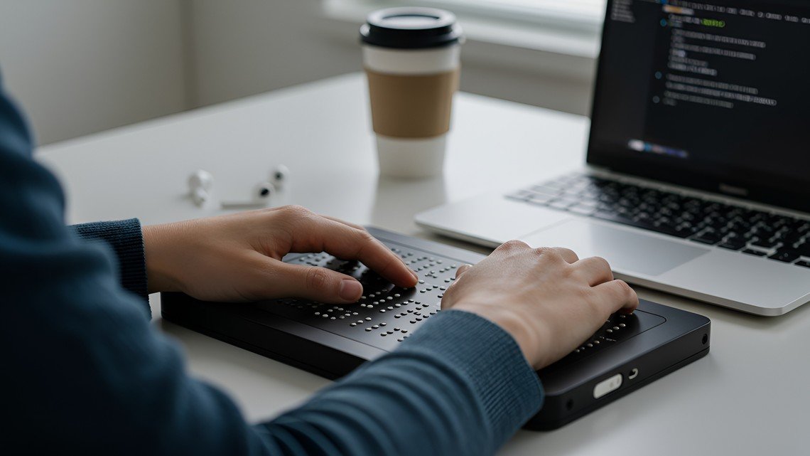 Person verwendet Braille-Tastatur vor einem Laptop