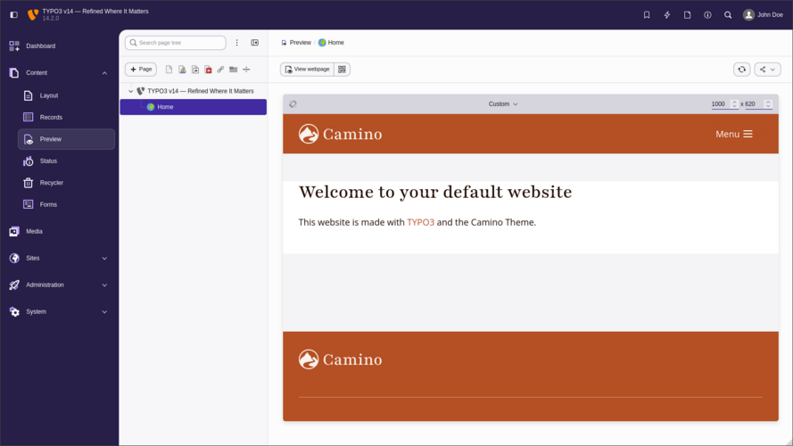 TYPO3 v14 Backend Camino Theme