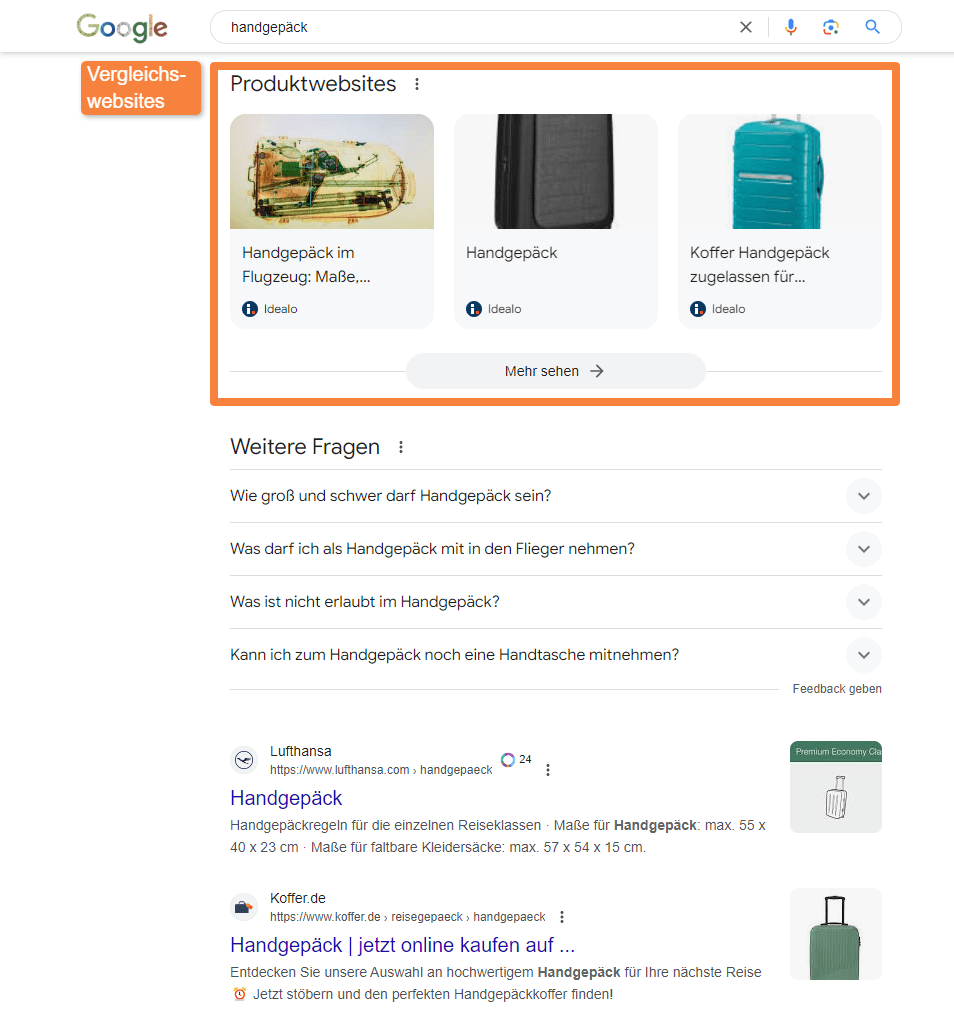 Google SERP Vergleichswebsites für den Begriff Handgepäck