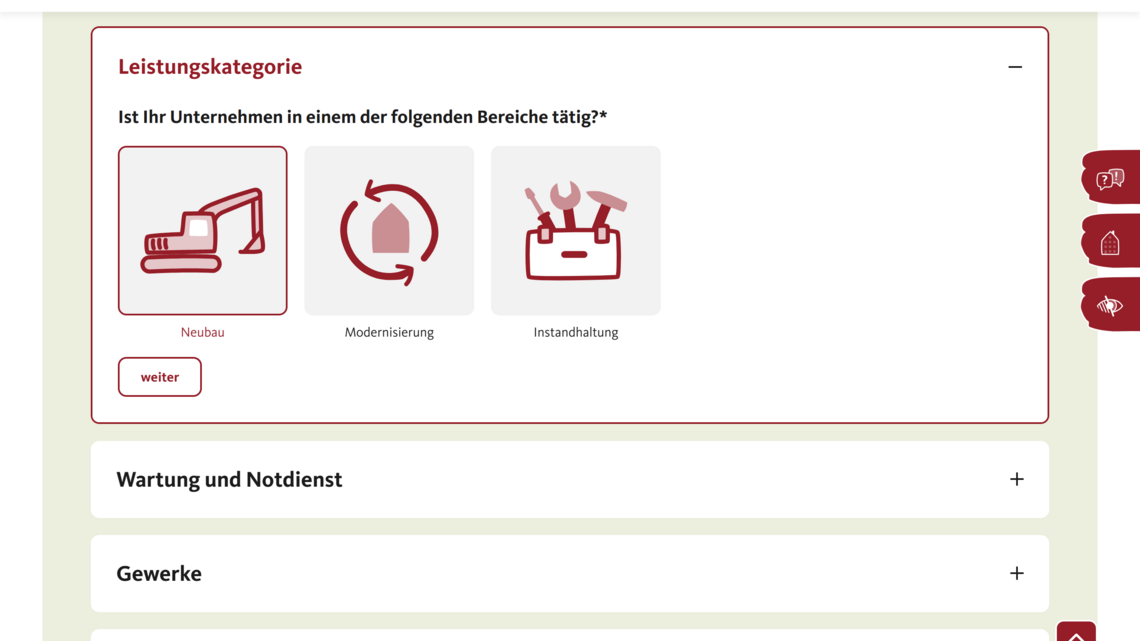Screenshot des Bewerbungsformulars für Handwerker Screenshot des Bewerbungsformulars für Handwerker