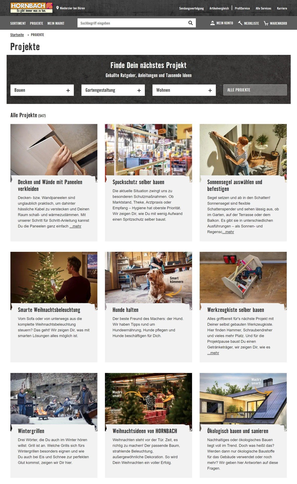 Hornbach: Screenshot der Projekte-Seite mit vielen verschiedenen Themen rund ums Haus