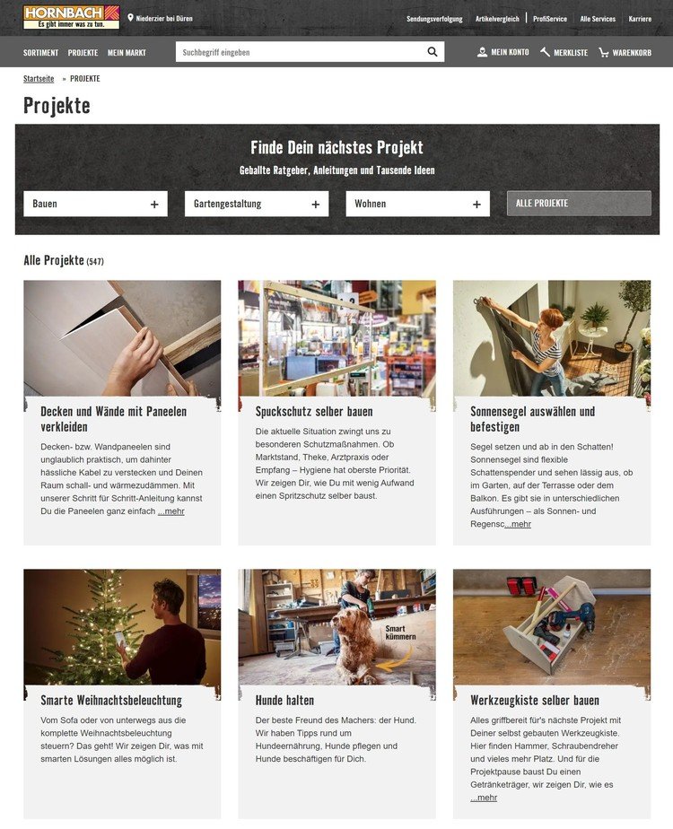 Hornbach: Screenshot der Projekte-Seite mit vielen verschiedenen Themen rund ums Haus