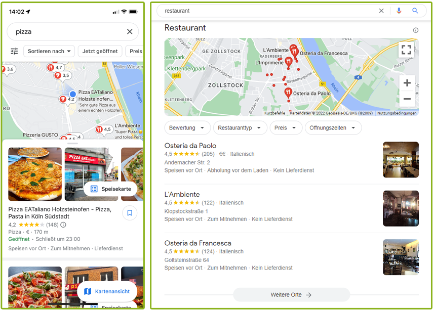 SERP von Google Maps für &quot;pizza&quot; und Local Pack für das lokalisierte Keyword &quot;restaurant&quot;