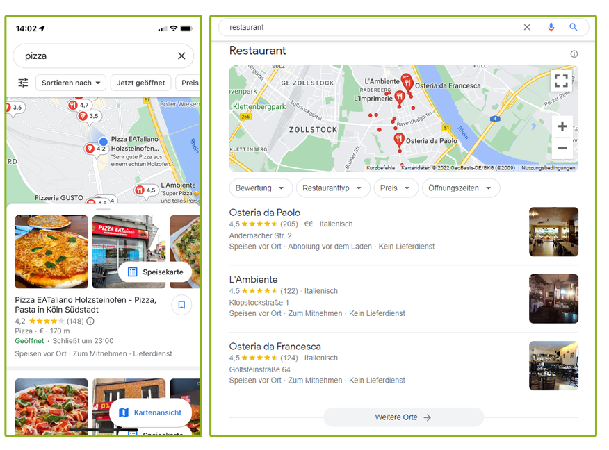 SERP von Google Maps für "pizza" und Local Pack für das lokalisierte Keyword "restaurant"
