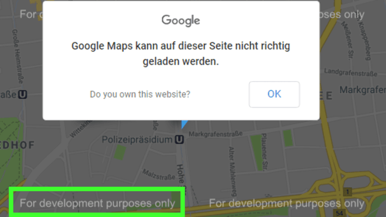 Google Maps Fehleranzeige: For development puropses only