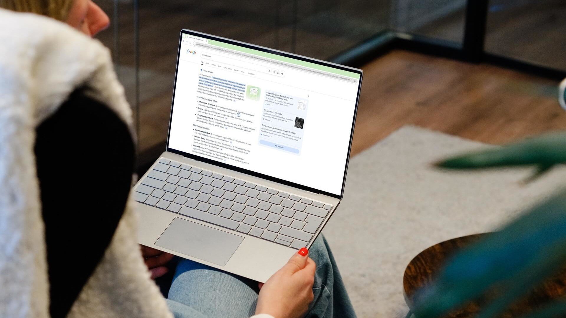 Google SERP mit AI Overviews auf einem Laptop