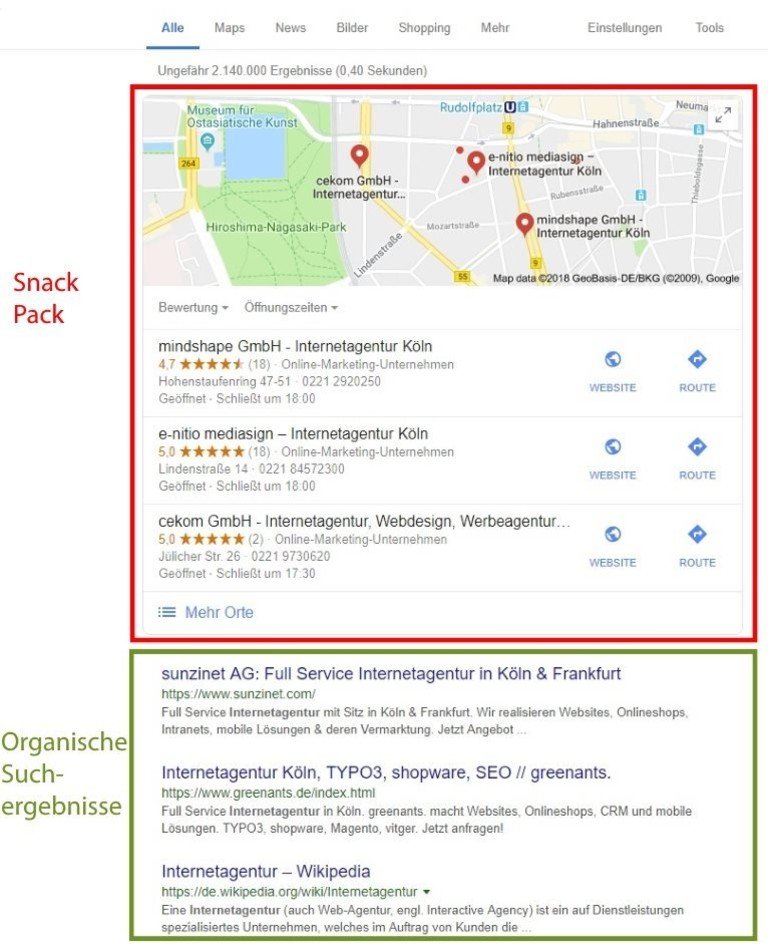 Snack Pack bei der lokalen Suche in den Google Suchergebnissen