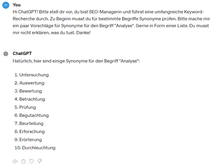 ChatGPT-Prompt zur Suche nach Synonymen zum Begriff Analyse