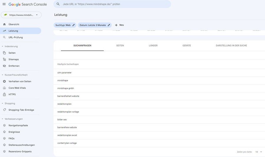 Google Search Console Suchanfragen am Beispiel von mindshape.de