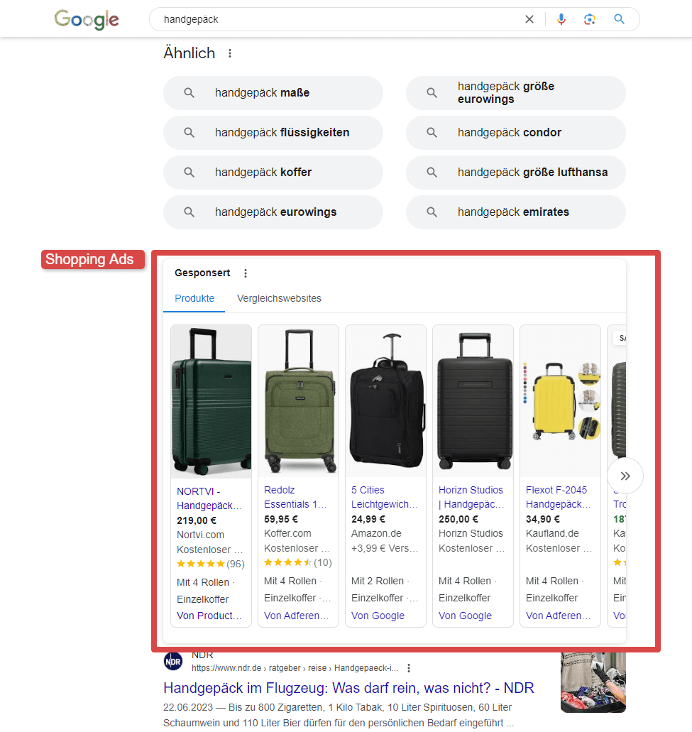 Google SERP Shopping-Ads für den Begriff Handgepäck