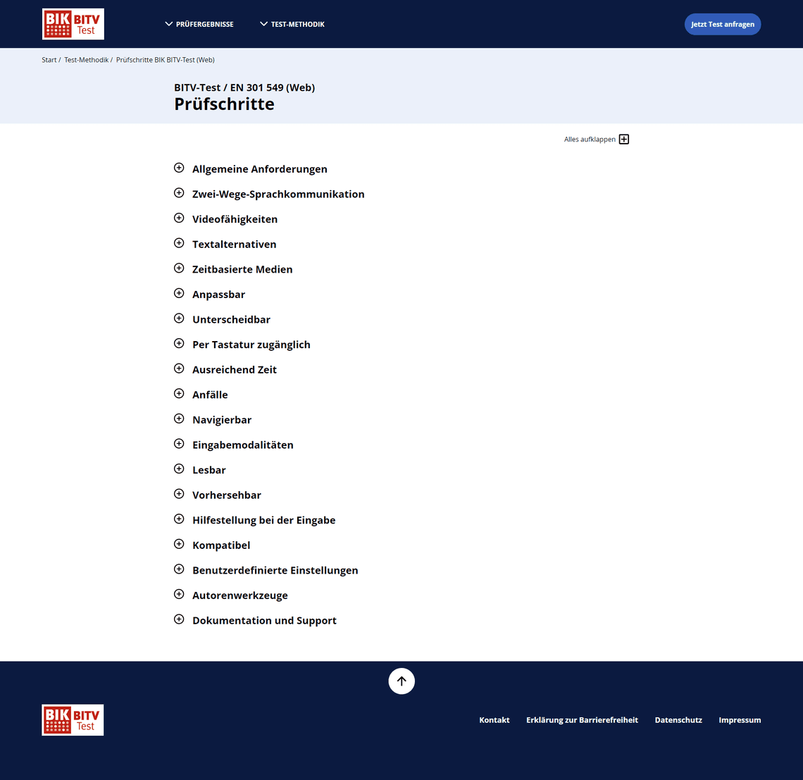 Screenshot Liste der Prüfschritte BITV