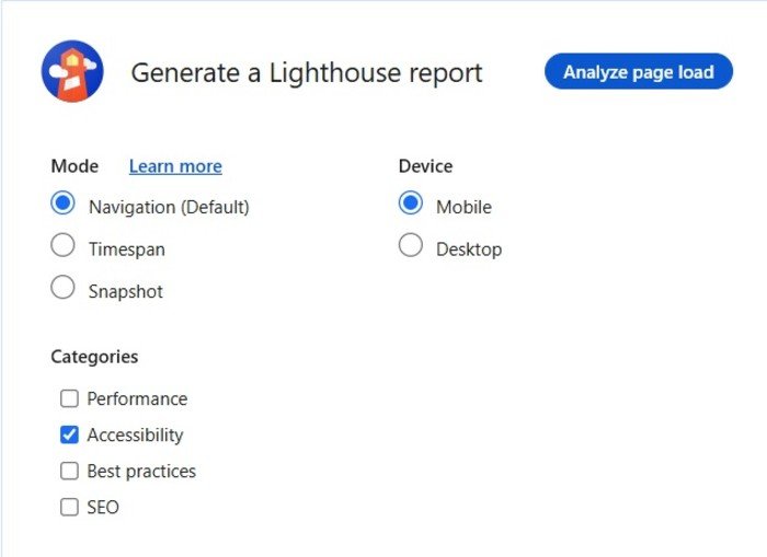 Auswahlmenü für einen Lighthouse-Report mit aktivierter Option „Accessibility“, Modus „Navigation“ und Gerätetyp „Mobile“