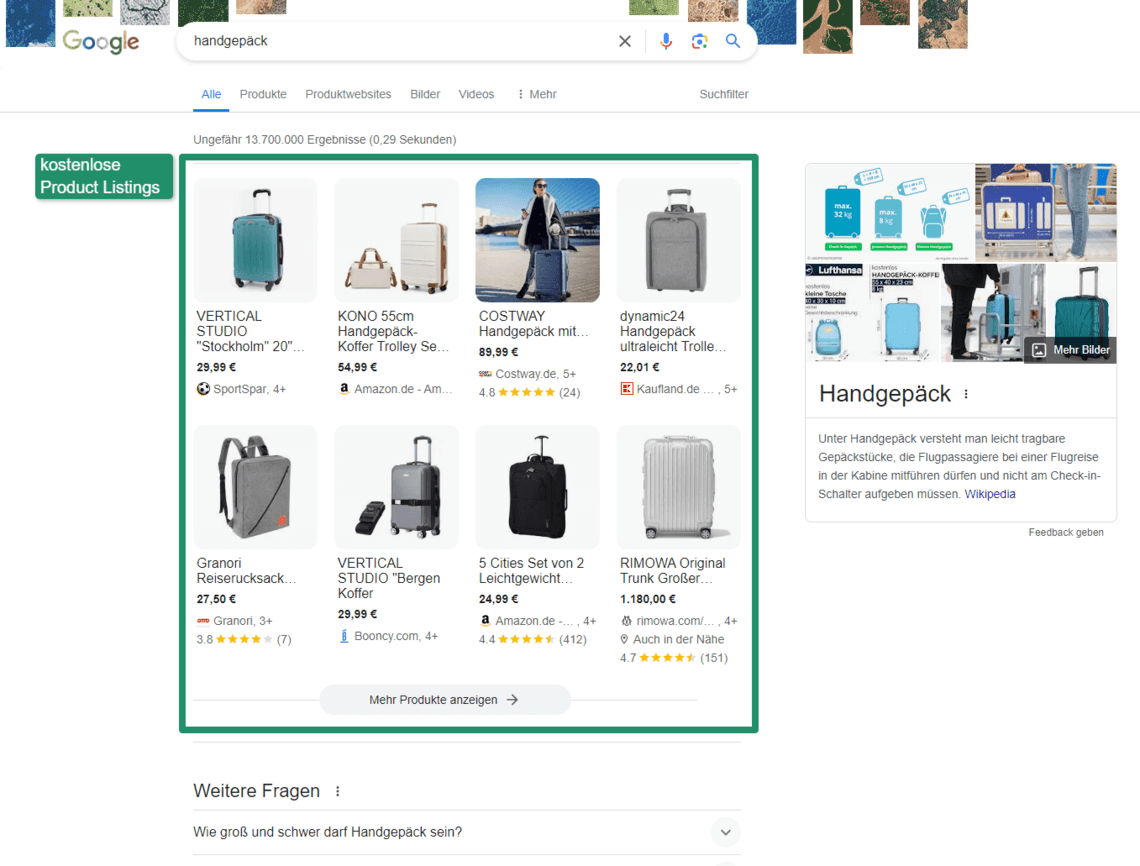 Google SERP kostenlose Product Listings für den Begriff Handgepäck