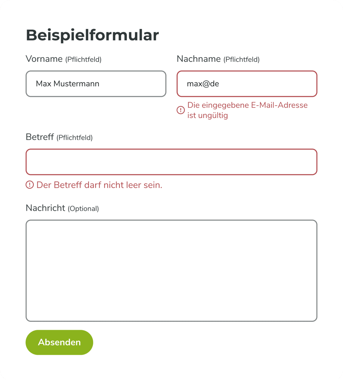 Formular mit farbig hervorgehobenen Fehlermeldungen