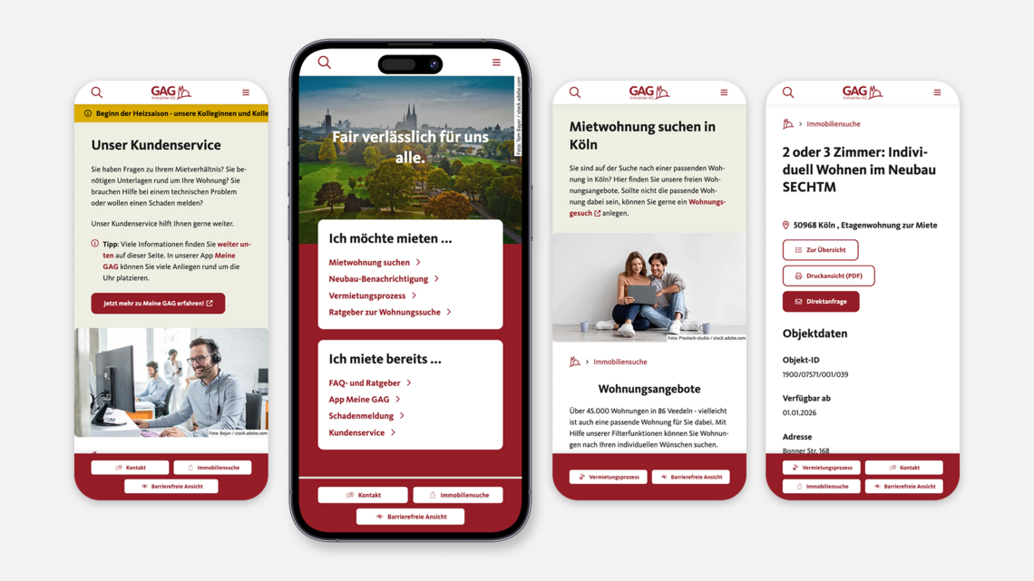 Screenshots der mobilen Ansicht der GAG Website Screenshots der mobilen Ansicht der GAG Website