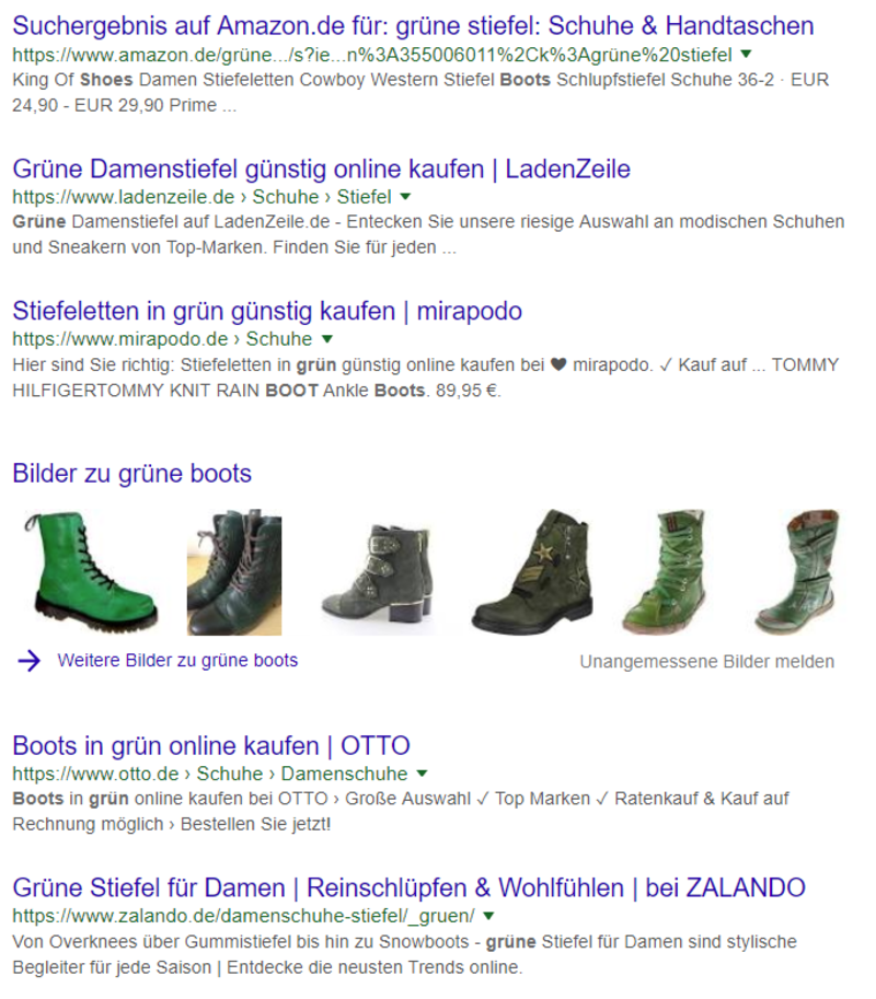 Screenshot einer Google-Suche mit dem Keyword &quot;Grüne Boots&quot;