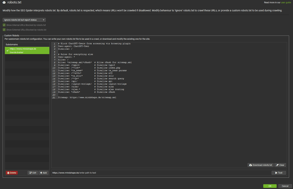 robots.txt Konfiguration des Screaming Frog SEO Spider