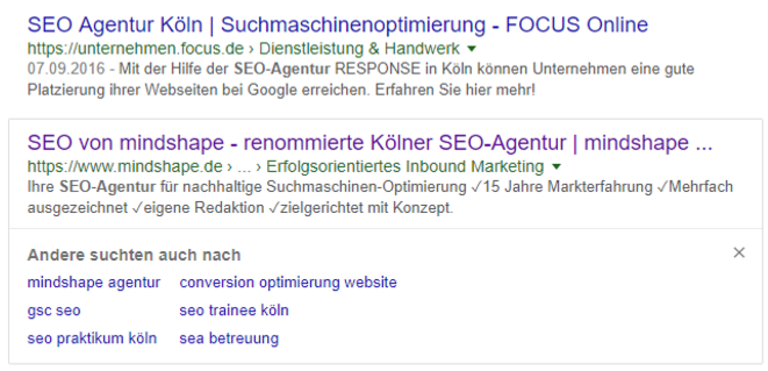 Andere Suchanfragen im Zusammenhang mit der Suchphrase "SEO Agentur Köln".