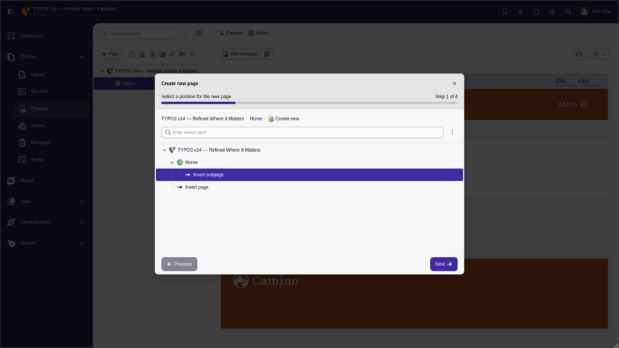 TYPO3 v14 Page Wizard