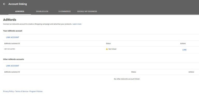 Google Merchant Center Account wird mit AdWords Account verknüpft