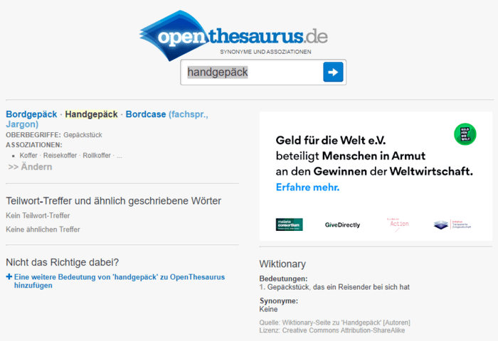 OpenThesaurus Ergebnisse für Synonyme zum Begriff Handgepäck