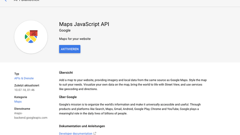 Beispiel: Maps JavaScript API aktivieren