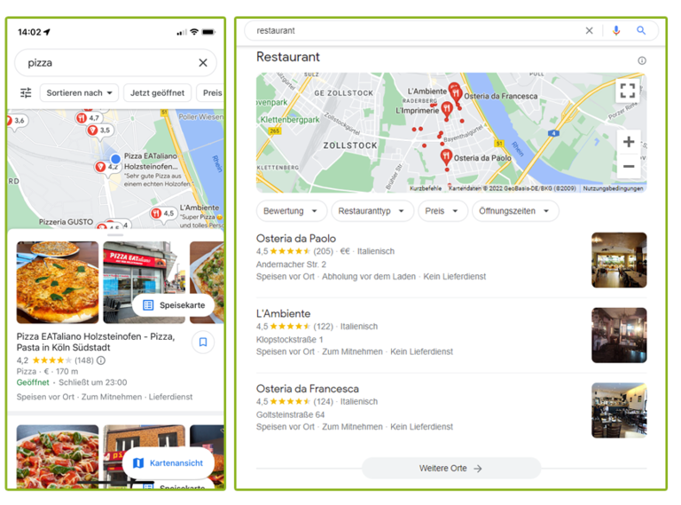 SERP von Google Maps für "pizza" und Local Pack für das lokalisierte Keyword "restaurant"