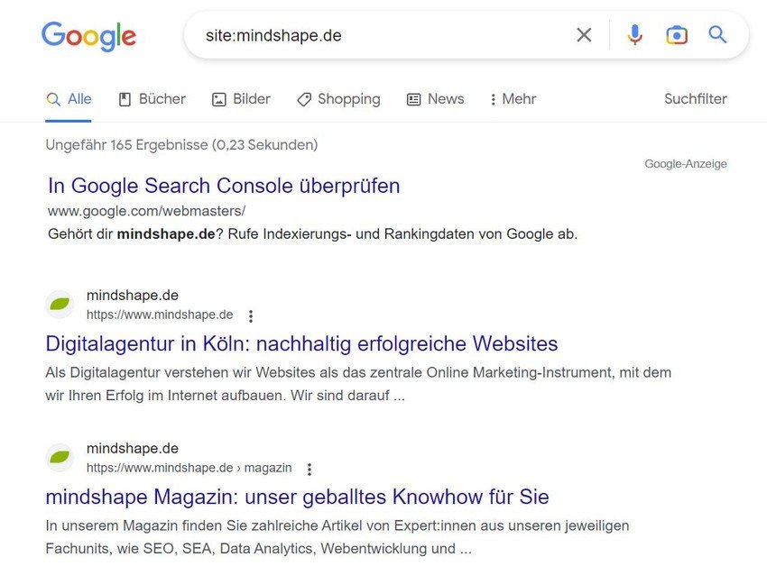 site-Abfrage einer Domain bei Google