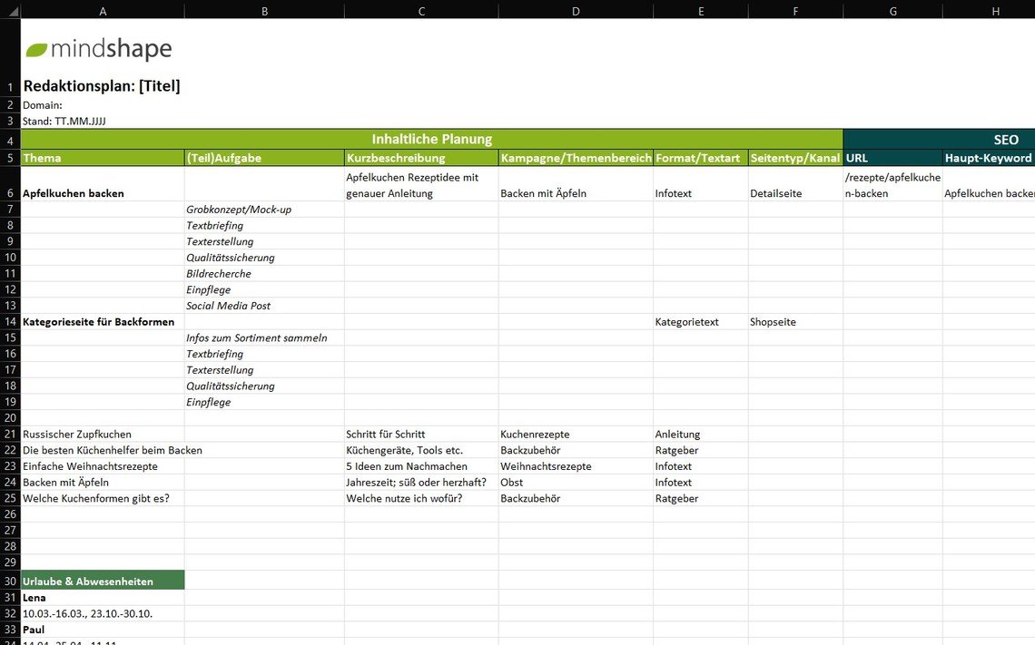 Redaktionsplan erstellen mit ExcelVorlage mindshape