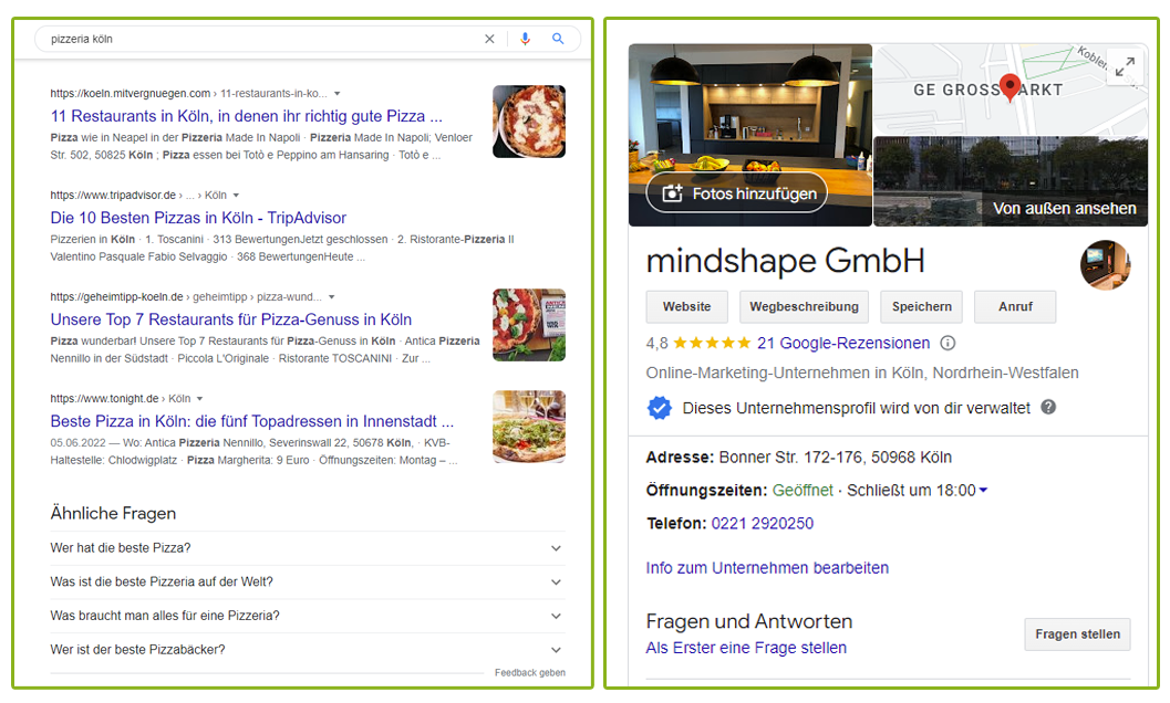 SERP mit regionalen Landingpages für die Suchanfrage "pizzeria köln" und Local Suchergebnis für das Brand-Keyword "mindshape"