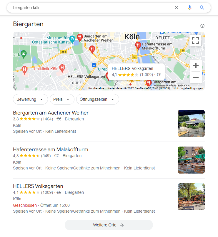 Darstellung der SERP für das Keyword „Biergarten“ ohne den Namen Biergarten als Teil des Titels.