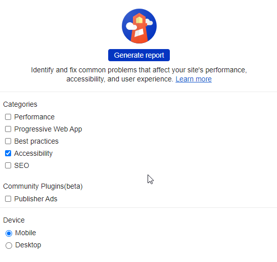 Screenshot Lighthouse als Audit-Möglichkeit für barrierefreie Website