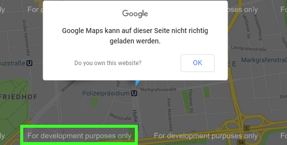 Screenshot des Google Pop-Ups mit der Fehlermeldung &quot;Google Maps kann auf dieser Seite nicht richtig geladen werden&quot;