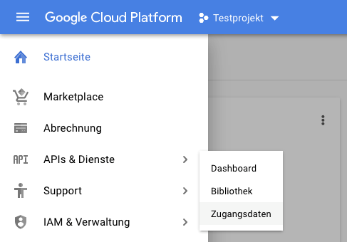 Screenshot des Google Cloud Plattform Menüs