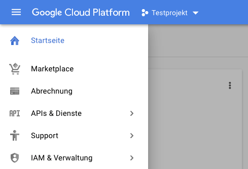Screenshot vom Google Cloud Plattform Menü